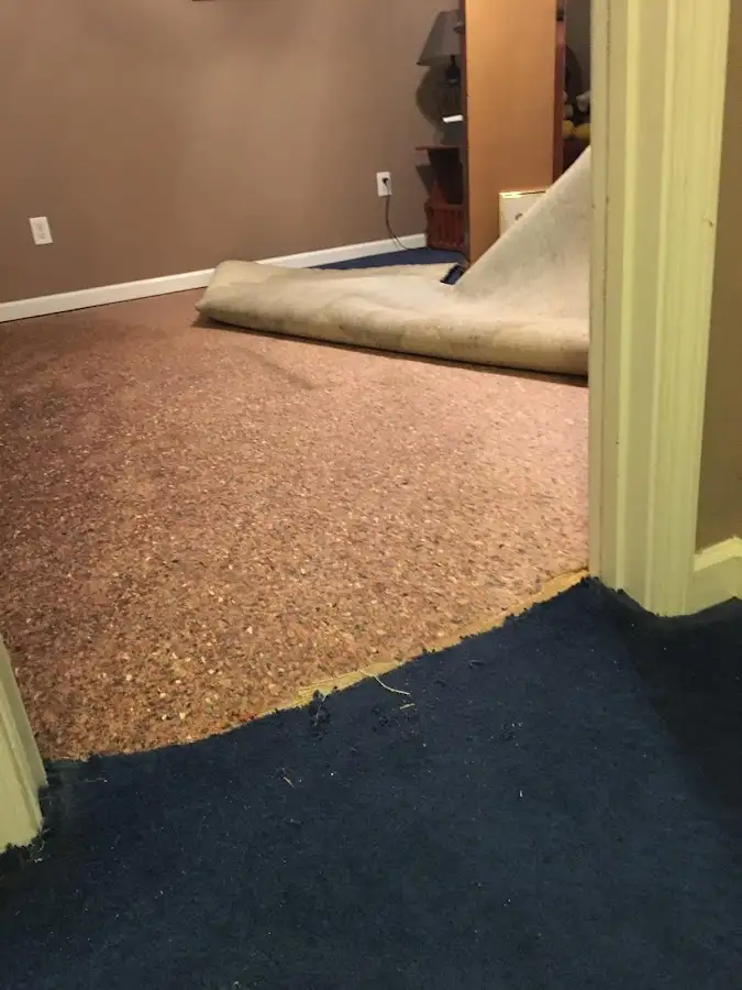 Carpet pad removal revealing water damage during Water Mitigation Services in Wytheville